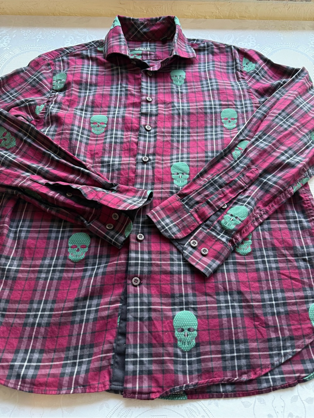 Rule 18 By Bobby Jones Men's L Burgundy Tartan Plaid Button-Up Shirt Green Skull